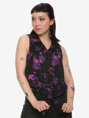 Hot Topic Women's Purple & Blue Galaxy Tie-Front Sleeveless Top